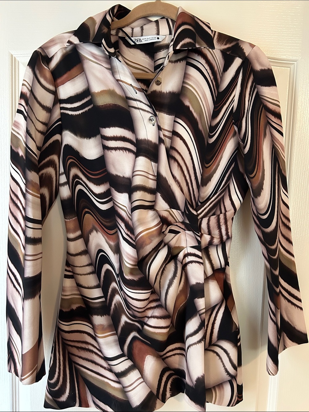 Printed Twist-Front Button-Up Blouse in Black, Brown & Cream
